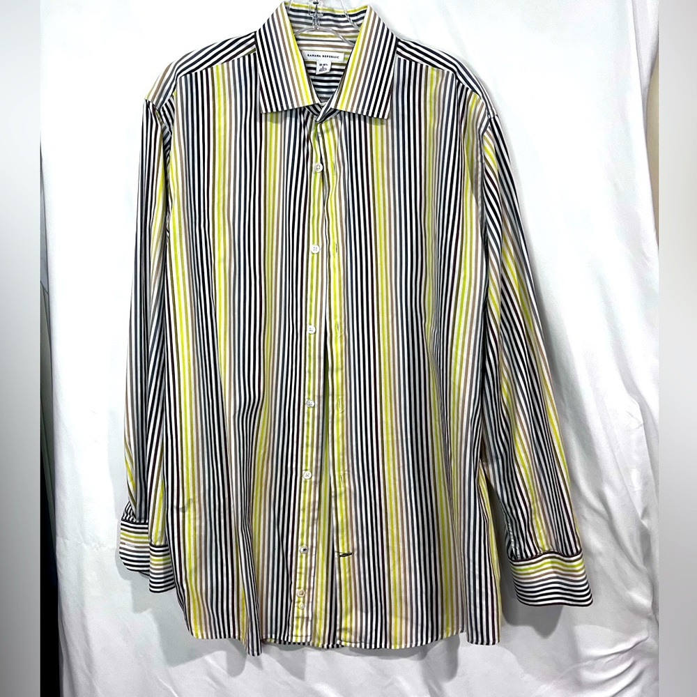Banana Republic Striped Yellow Green and Brown Men's Shirt size large - Picture 7 of 8
